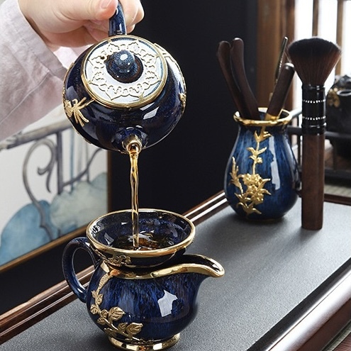 Lanfei Gold-Inlaid Jade Porcelain Tea Set - Collectible Oriental Art Teaware
