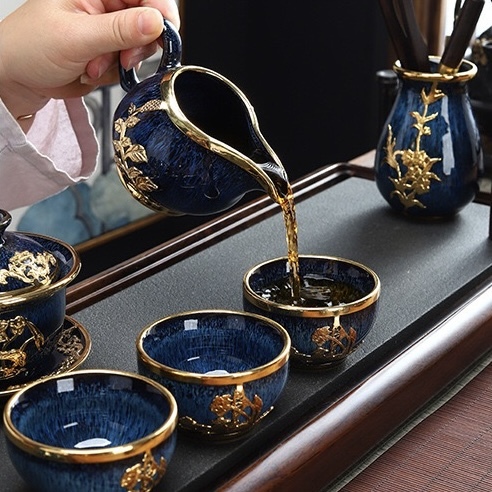 Lanfei Gold-Inlaid Jade Porcelain Tea Set - Collectible Oriental Art Teaware