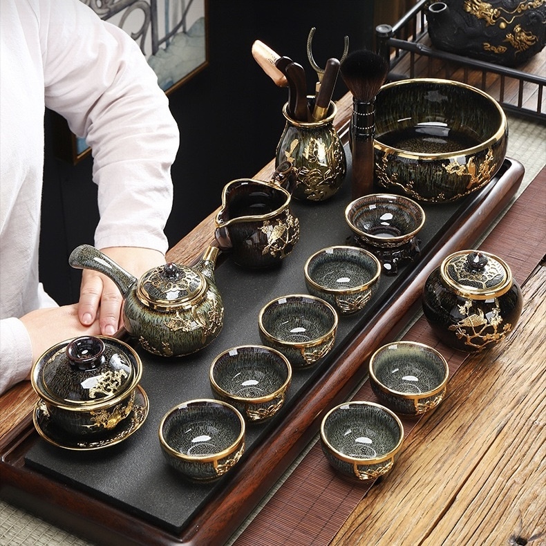 Lanfei Gold-Inlaid Jade Porcelain Tea Set - Collectible Oriental Art Teaware
