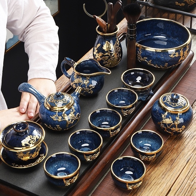 Lanfei Gold-Inlaid Jade Porcelain Tea Set - Collectible Oriental Art Teaware