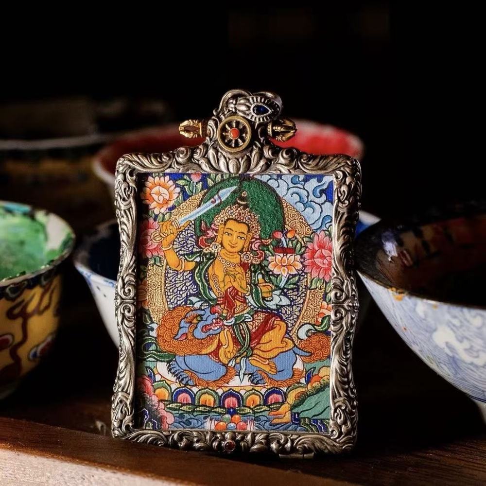 Regong Hand-Painted Yellow Jambhala Thangka Pendant