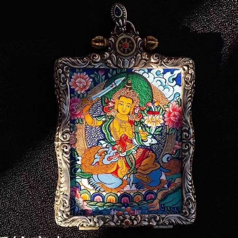 Regong Hand-Painted Yellow Jambhala Thangka Pendant