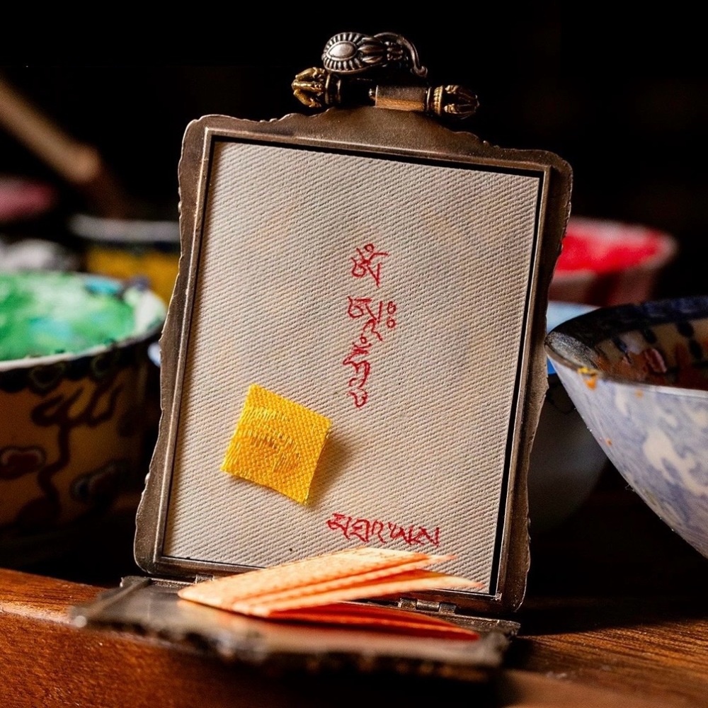 Regong Hand-Painted Yellow Jambhala Thangka Pendant