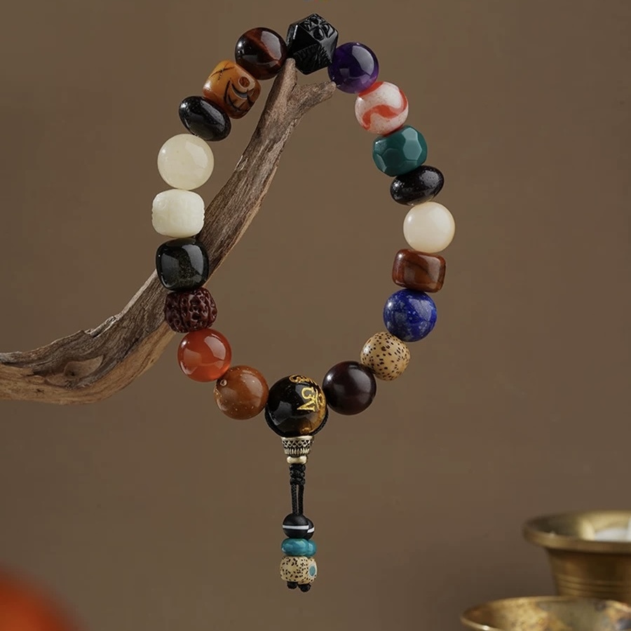 Potala Palace-Inspired Ox Bone & Obsidian Multi-Treasure Tiger Tooth Dzi Bead 18-Bead Mala Bracelet
