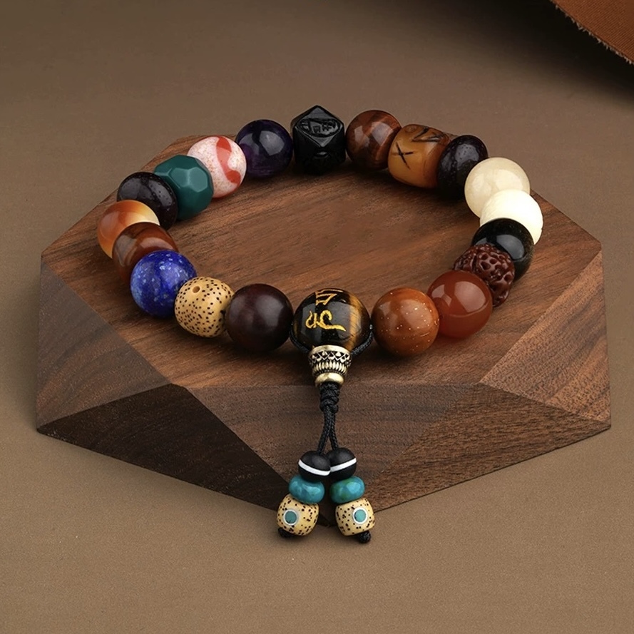 Potala Palace-Inspired Ox Bone & Obsidian Multi-Treasure Tiger Tooth Dzi Bead 18-Bead Mala Bracelet