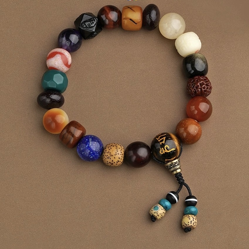 Potala Palace-Inspired Ox Bone & Obsidian Multi-Treasure Tiger Tooth Dzi Bead 18-Bead Mala Bracelet