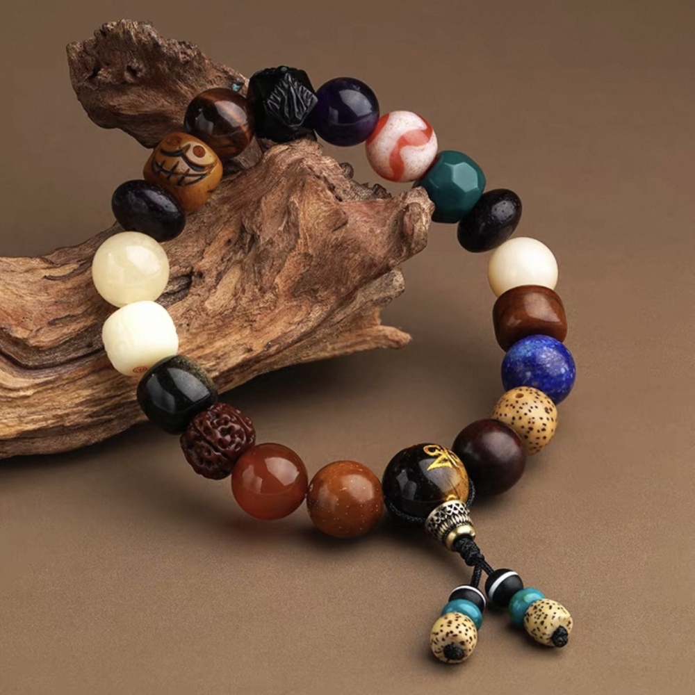 Potala Palace-Inspired Ox Bone & Obsidian Multi-Treasure Tiger Tooth Dzi Bead 18-Bead Mala Bracelet