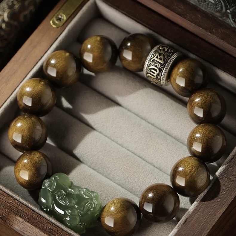 Natural Golden Phoebe Mala Bracelet for Men - Dark Wood & Hetian Green Jade Pixiu Collectible Wrist Strand