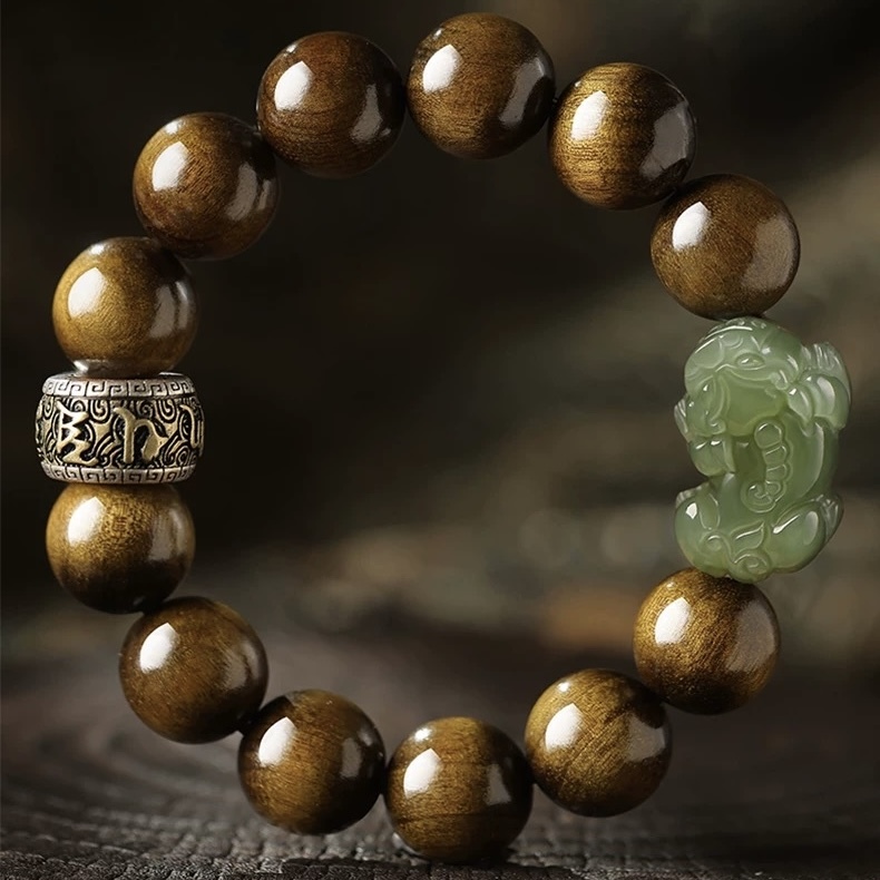 Natural Golden Phoebe Mala Bracelet for Men - Dark Wood & Hetian Green Jade Pixiu Collectible Wrist Strand