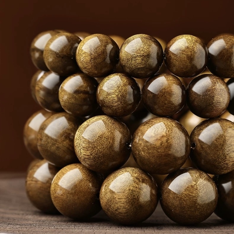 Natural Golden Phoebe Mala Bracelet for Men - Dark Wood & Hetian Green Jade Pixiu Collectible Wrist Strand