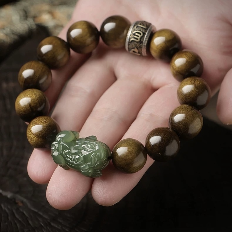 Natural Golden Phoebe Mala Bracelet for Men - Dark Wood & Hetian Green Jade Pixiu Collectible Wrist Strand