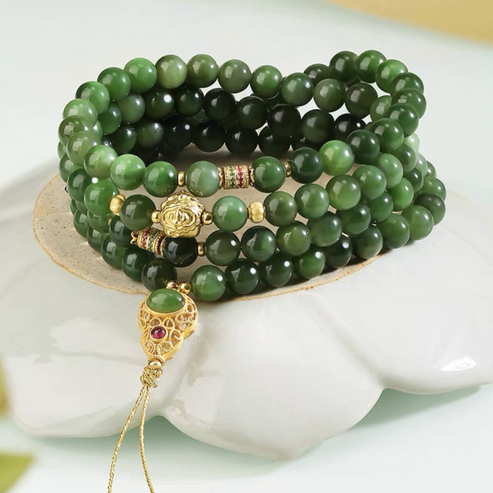 Potala Palace-Inspired Jasper Necklace - 108-Bead Strand with Hetian Jade Gourd Pendant