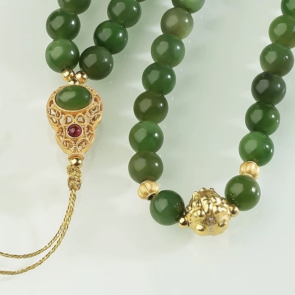 Potala Palace-Inspired Jasper Necklace - 108-Bead Strand with Hetian Jade Gourd Pendant