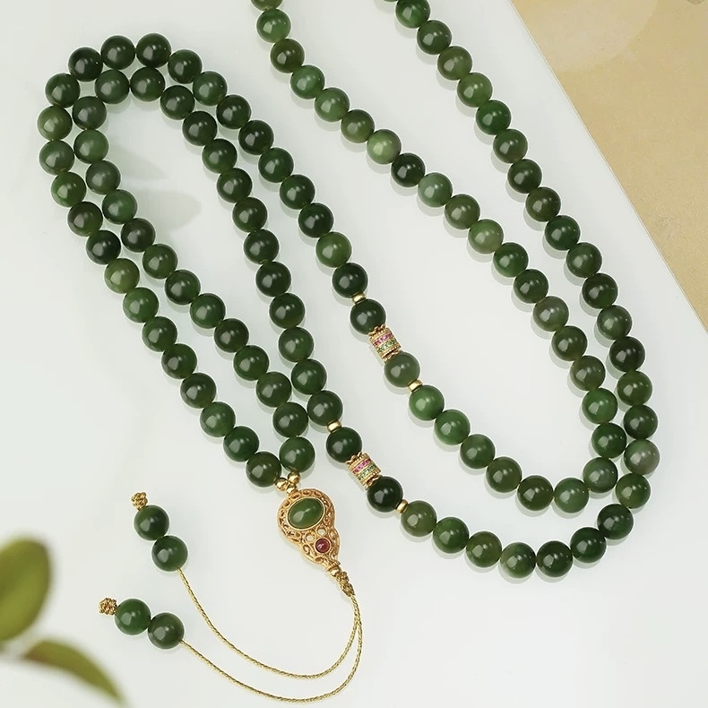 Potala Palace-Inspired Jasper Necklace - 108-Bead Strand with Hetian Jade Gourd Pendant