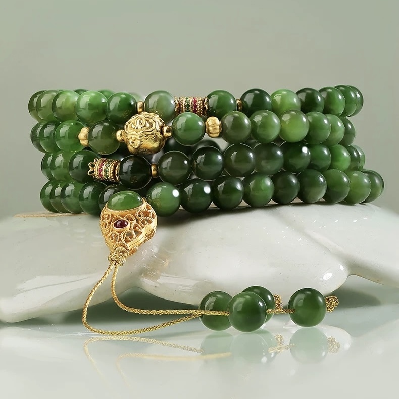 Potala Palace-Inspired Jasper Necklace - 108-Bead Strand with Hetian Jade Gourd Pendant