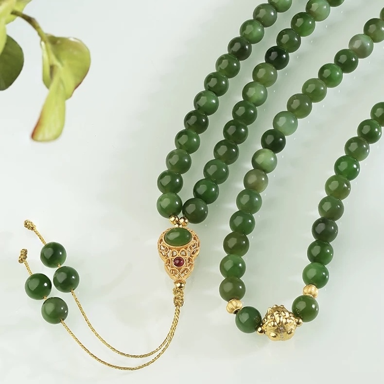 Potala Palace-Inspired Jasper Necklace - 108-Bead Strand with Hetian Jade Gourd Pendant