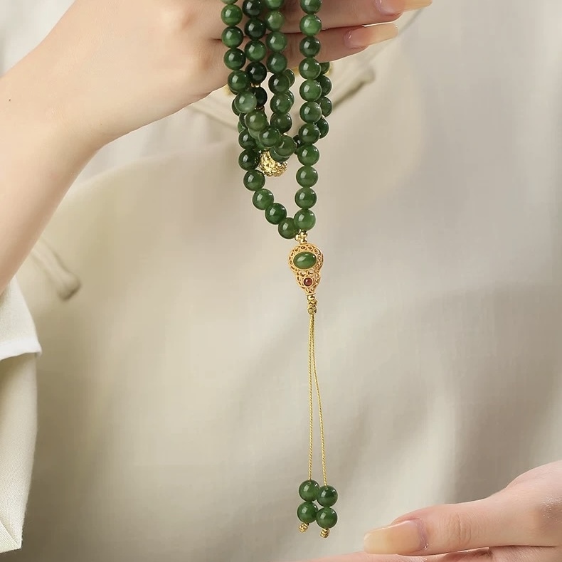 Potala Palace-Inspired Jasper Necklace - 108-Bead Strand with Hetian Jade Gourd Pendant