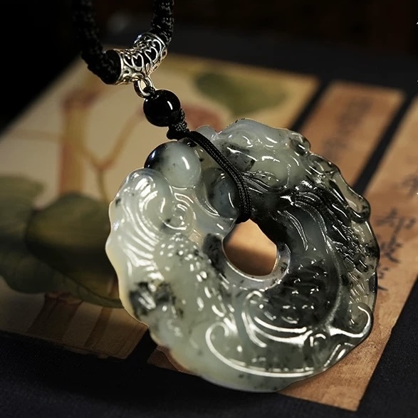Natural Xiu Jade Dragon Fish Playing with Pearl Pendant Necklace (Koi Leaping Over Dragon Gate, Chinese Ink Painting Style)
