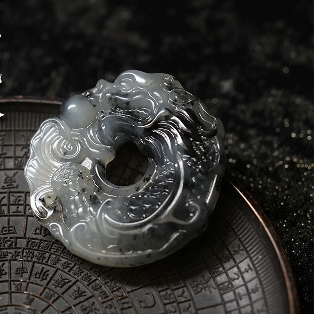 Natural Xiu Jade Dragon Fish Playing with Pearl Pendant Necklace (Koi Leaping Over Dragon Gate, Chinese Ink Painting Style)