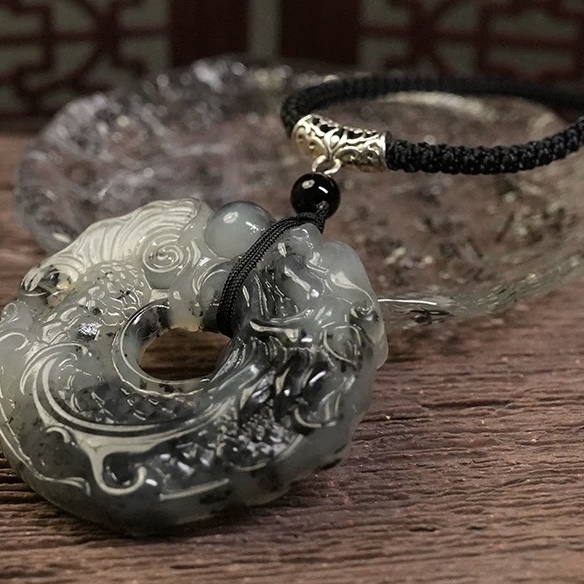 Natural Xiu Jade Dragon Fish Playing with Pearl Pendant Necklace (Koi Leaping Over Dragon Gate, Chinese Ink Painting Style)