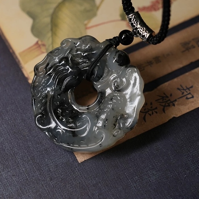Natural Xiu Jade Dragon Fish Playing with Pearl Pendant Necklace (Koi Leaping Over Dragon Gate, Chinese Ink Painting Style)
