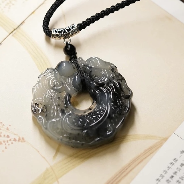 Natural Xiu Jade Dragon Fish Playing with Pearl Pendant Necklace (Koi Leaping Over Dragon Gate, Chinese Ink Painting Style)