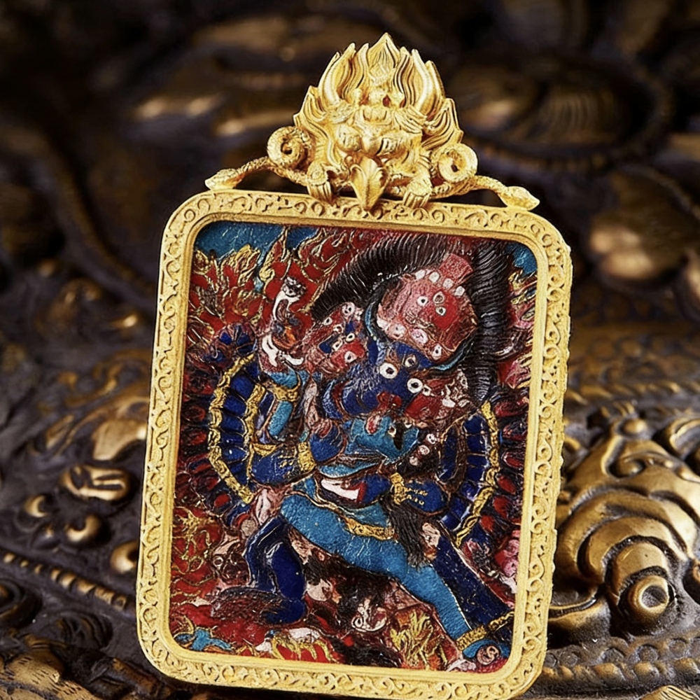 Intangible Cultural Heritage Leather Carving Thangka with Mineral Pigments Hand-Painted Yamantaka Ghau Pendant