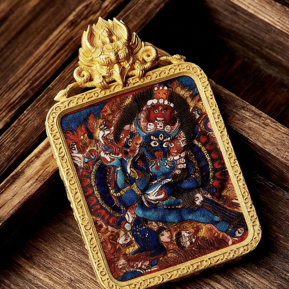 Intangible Cultural Heritage Leather Carving Thangka with Mineral Pigments Hand-Painted Yamantaka Ghau Pendant