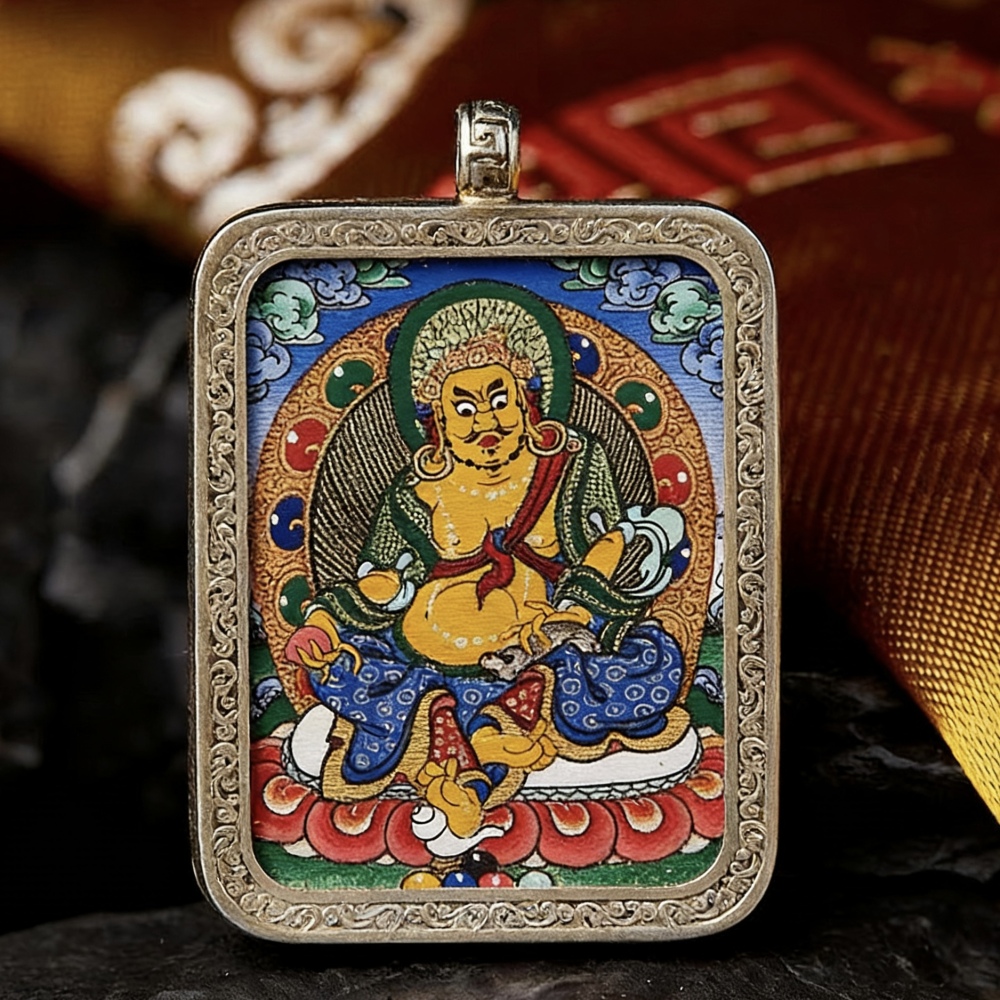 Intangible Cultural Heritage God of Wealth Yellow Jambhala Portable Thangka, Master Hand-Painted Micro Thangka Pendant