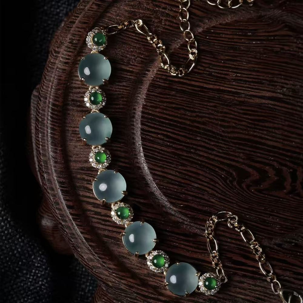 New Chinese-Style Natural Jadeite Bracelet - High-Transparency Ice Type Blue Jadeite Beaded Strand