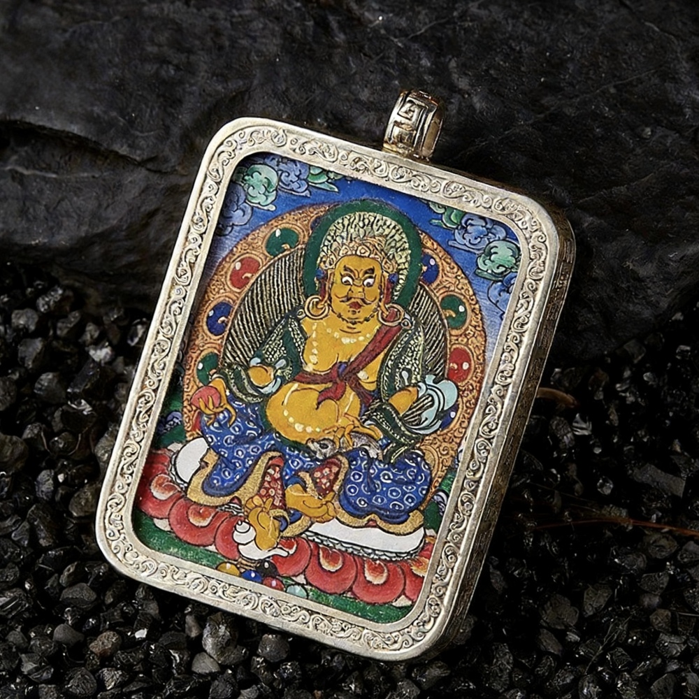 Intangible Cultural Heritage God of Wealth Yellow Jambhala Portable Thangka, Master Hand-Painted Micro Thangka Pendant
