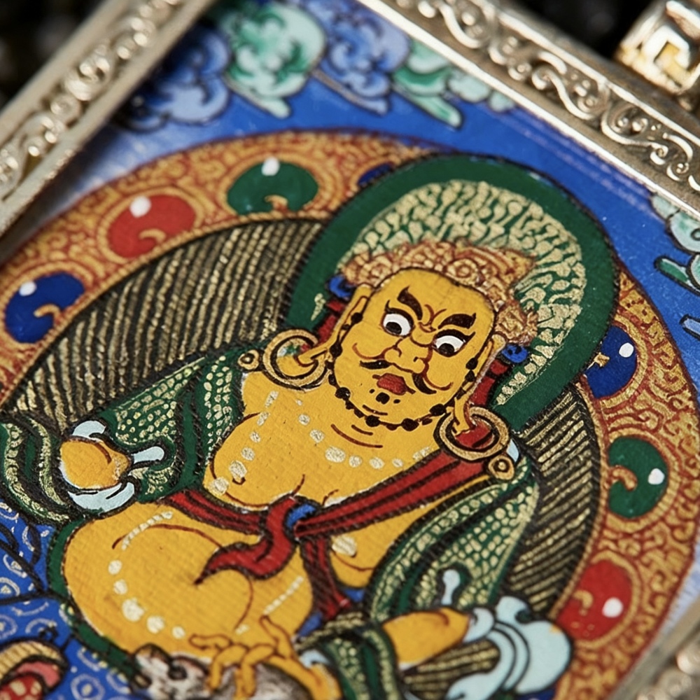 Intangible Cultural Heritage God of Wealth Yellow Jambhala Portable Thangka, Master Hand-Painted Micro Thangka Pendant