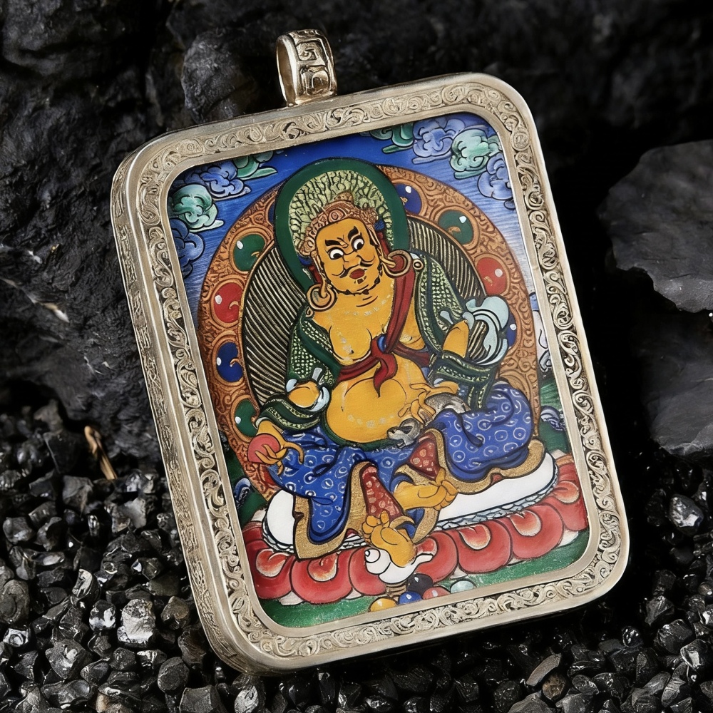 Intangible Cultural Heritage God of Wealth Yellow Jambhala Portable Thangka, Master Hand-Painted Micro Thangka Pendant