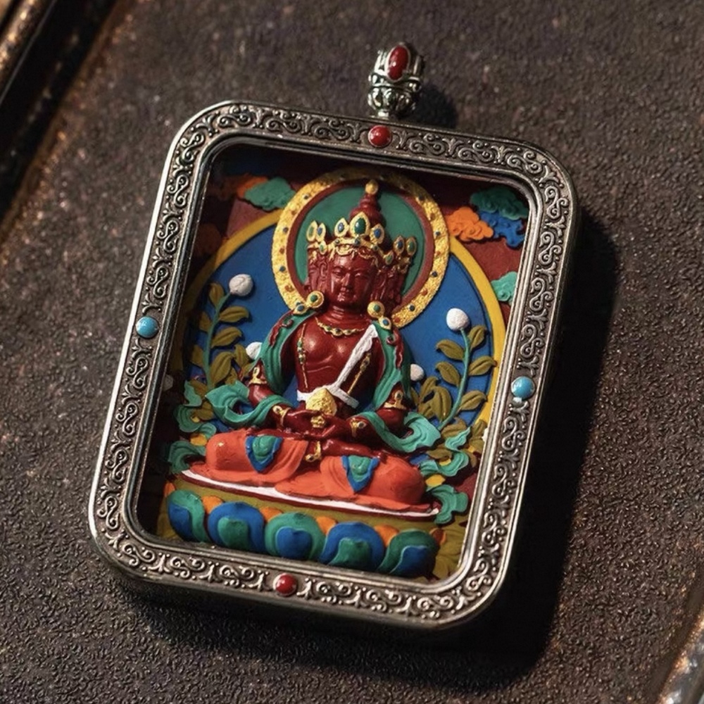 Cinnabar Hand-Painted Vairocana Thangka Pendant