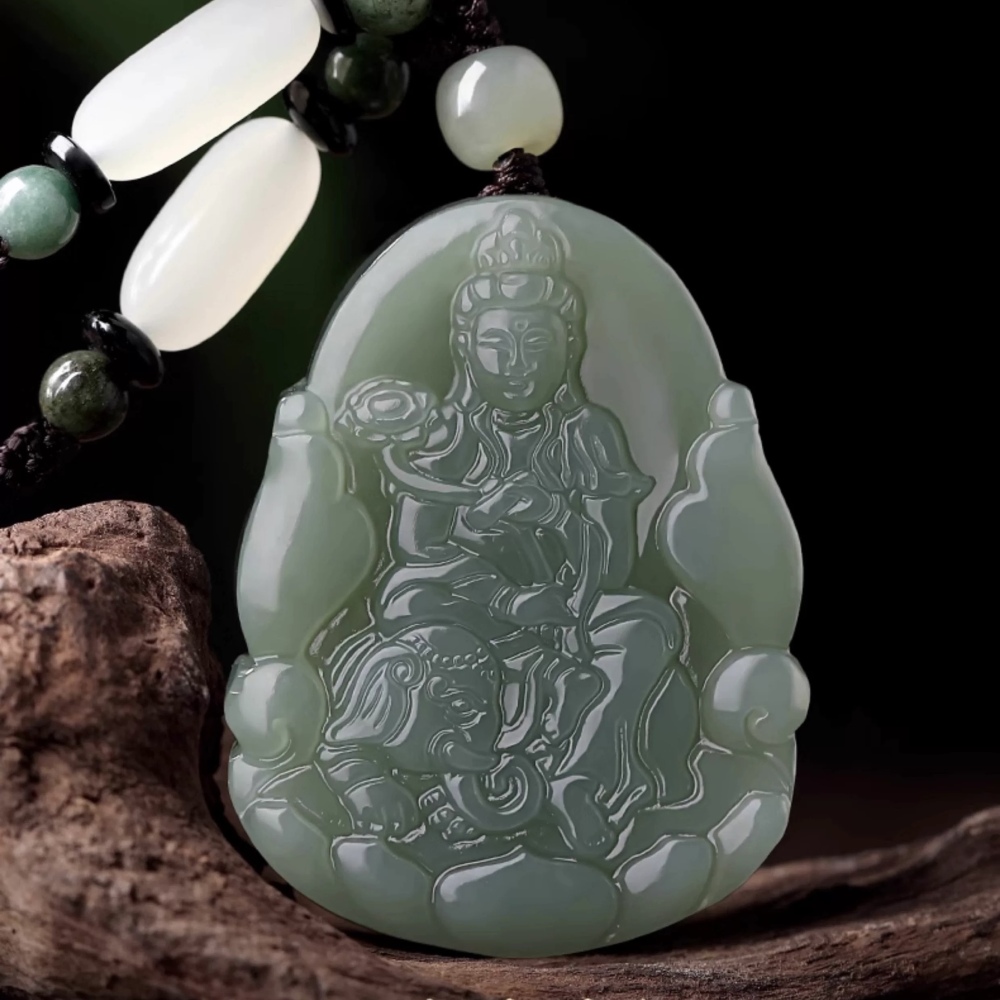 Natural Jasper & Hetian Jade Zodiac Guardian Buddha Pendant Necklace - Double-Sided Carving