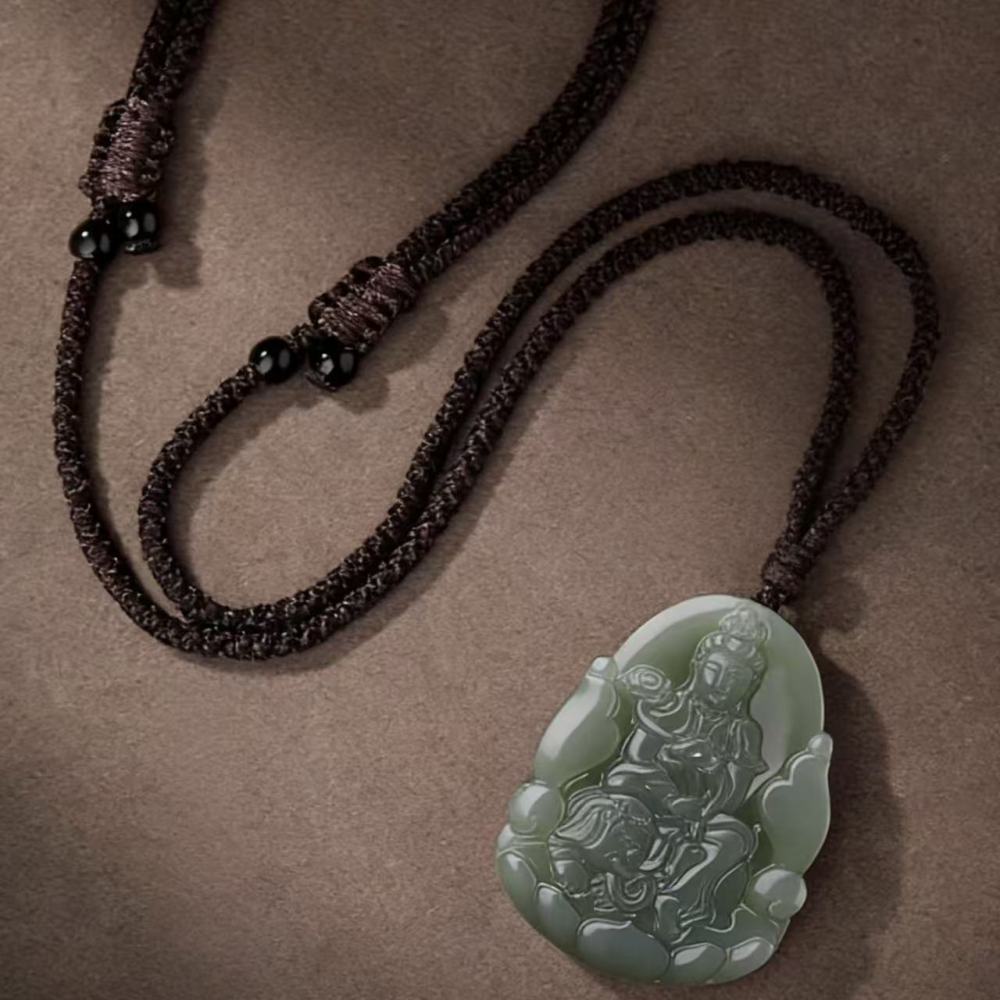 Natural Jasper & Hetian Jade Zodiac Guardian Buddha Pendant Necklace - Double-Sided Carving