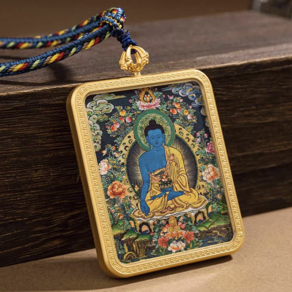 Medicine Buddha Thangka Pendant for Peace and Physical & Mental Wellness Blessing