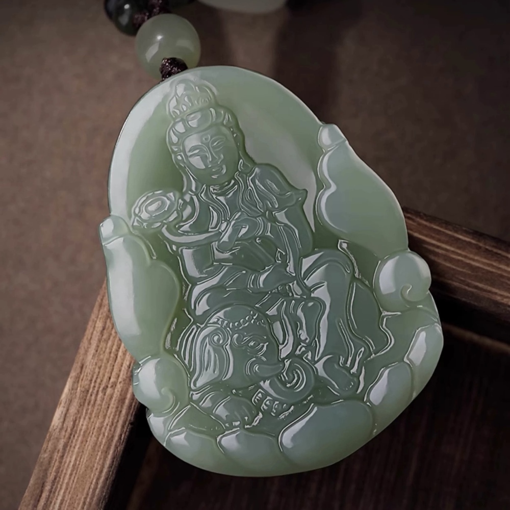 Natural Jasper & Hetian Jade Zodiac Guardian Buddha Pendant Necklace - Double-Sided Carving