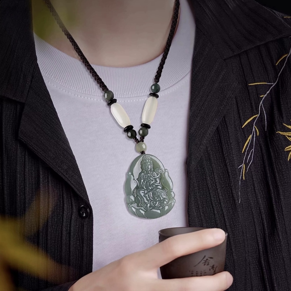 Natural Jasper & Hetian Jade Zodiac Guardian Buddha Pendant Necklace - Double-Sided Carving