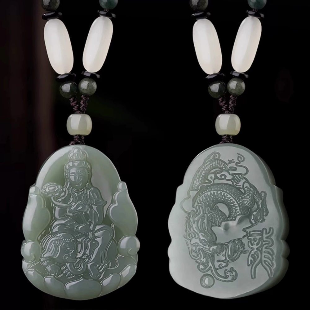 Natural Jasper & Hetian Jade Zodiac Guardian Buddha Pendant Necklace - Double-Sided Carving
