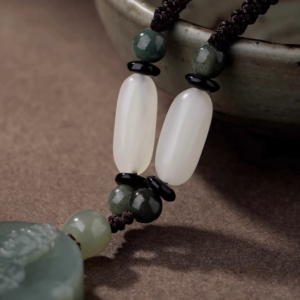 Natural Jasper & Hetian Jade Zodiac Guardian Buddha Pendant Necklace - Double-Sided Carving