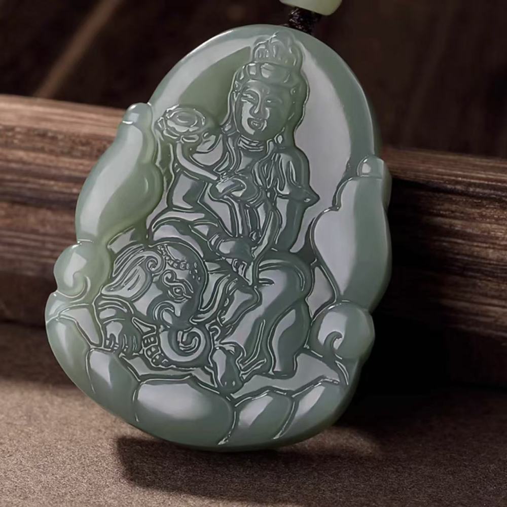 Natural Jasper & Hetian Jade Zodiac Guardian Buddha Pendant Necklace - Double-Sided Carving