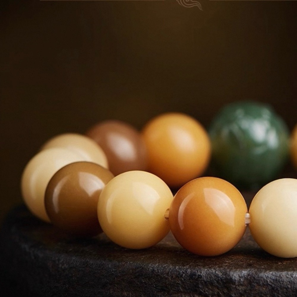 White Jade Bodhi Root Mala Bracelet - Multi-Treasure Natural Gradient Hetian Jade Beaded Strand