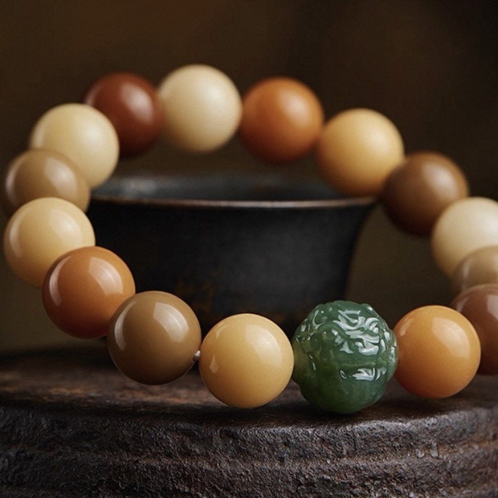 White Jade Bodhi Root Mala Bracelet - Multi-Treasure Natural Gradient Hetian Jade Beaded Strand