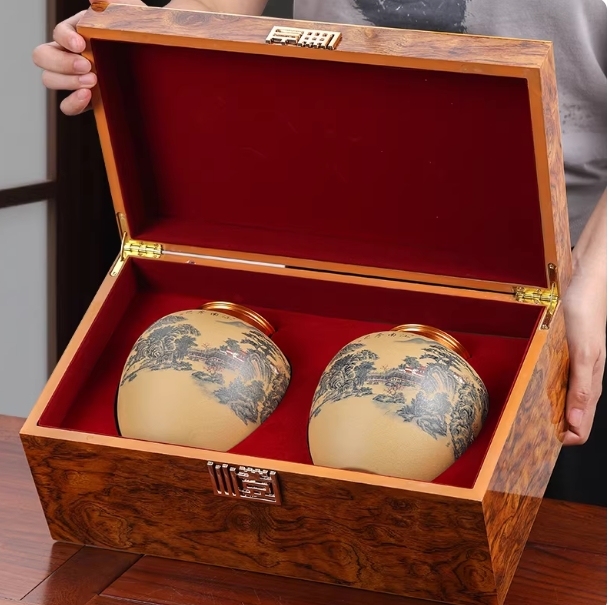 Wood-Grain Gift Box with Dual Landscape-Patterned Ceramic Tea Jars