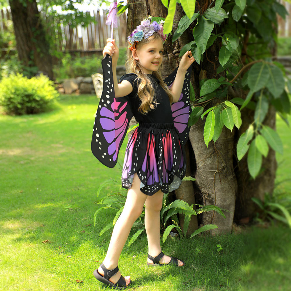 Kids Monarch Butterfly Dress-Up Set with Cape, Skirt, Mask, Headband, Stickers, Invitation Cards & Magic Wand