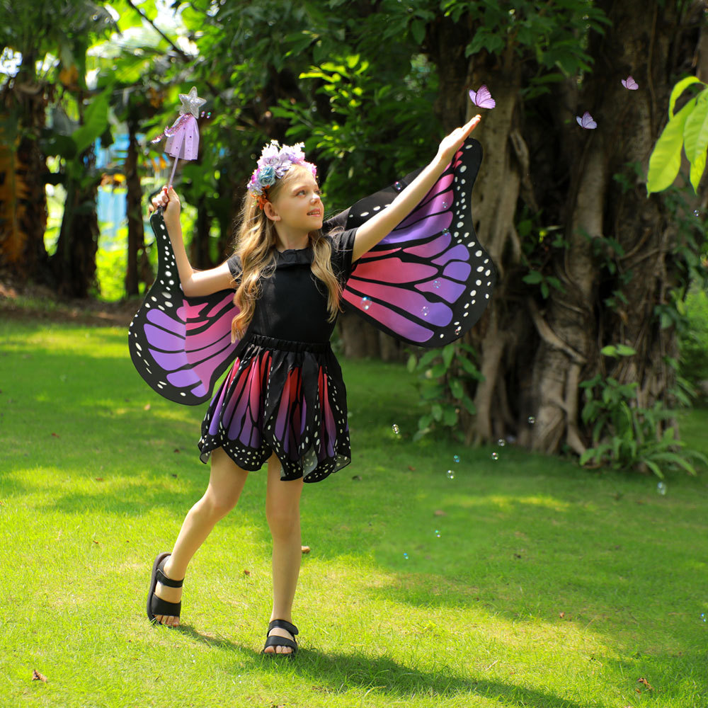 Kids Monarch Butterfly Dress-Up Set with Cape, Skirt, Mask, Headband, Stickers, Invitation Cards & Magic Wand