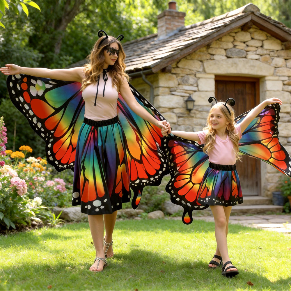 Butterfly Cape Costume Set for Mom & Kids — Antenna Headband, Lace Face Mask, Double-Sided Cape & Short Skirt + Invitation Card & Sticker Pack | One Size | All-Season