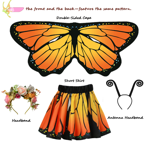 Kids Monarch Butterfly Dress-Up Set with Cape, Skirt, Mask, Headband, Stickers, Invitation Cards & Magic Wand