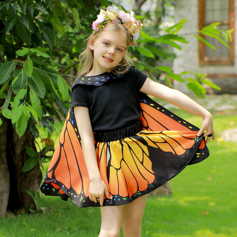 Kids Monarch Butterfly Dress-Up Set with Cape, Skirt, Mask, Headband, Stickers, Invitation Cards & Magic Wand